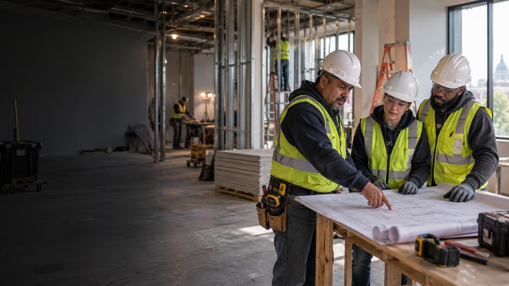 Three crew members in hard hats and hi-vis vests reviewing blueprints on a commercial buildout floor